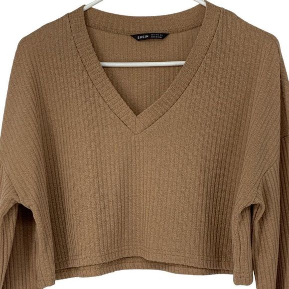 Shein Solid Rib Knit Crop Top Long Sleeve Tee Sz Small Tan Pouf sleeve 2719 - Picture 2 of 7